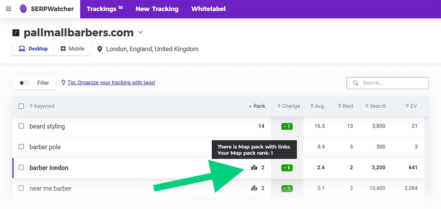 Map Pack rankings for a keyword highlighted on SERPWatcher.