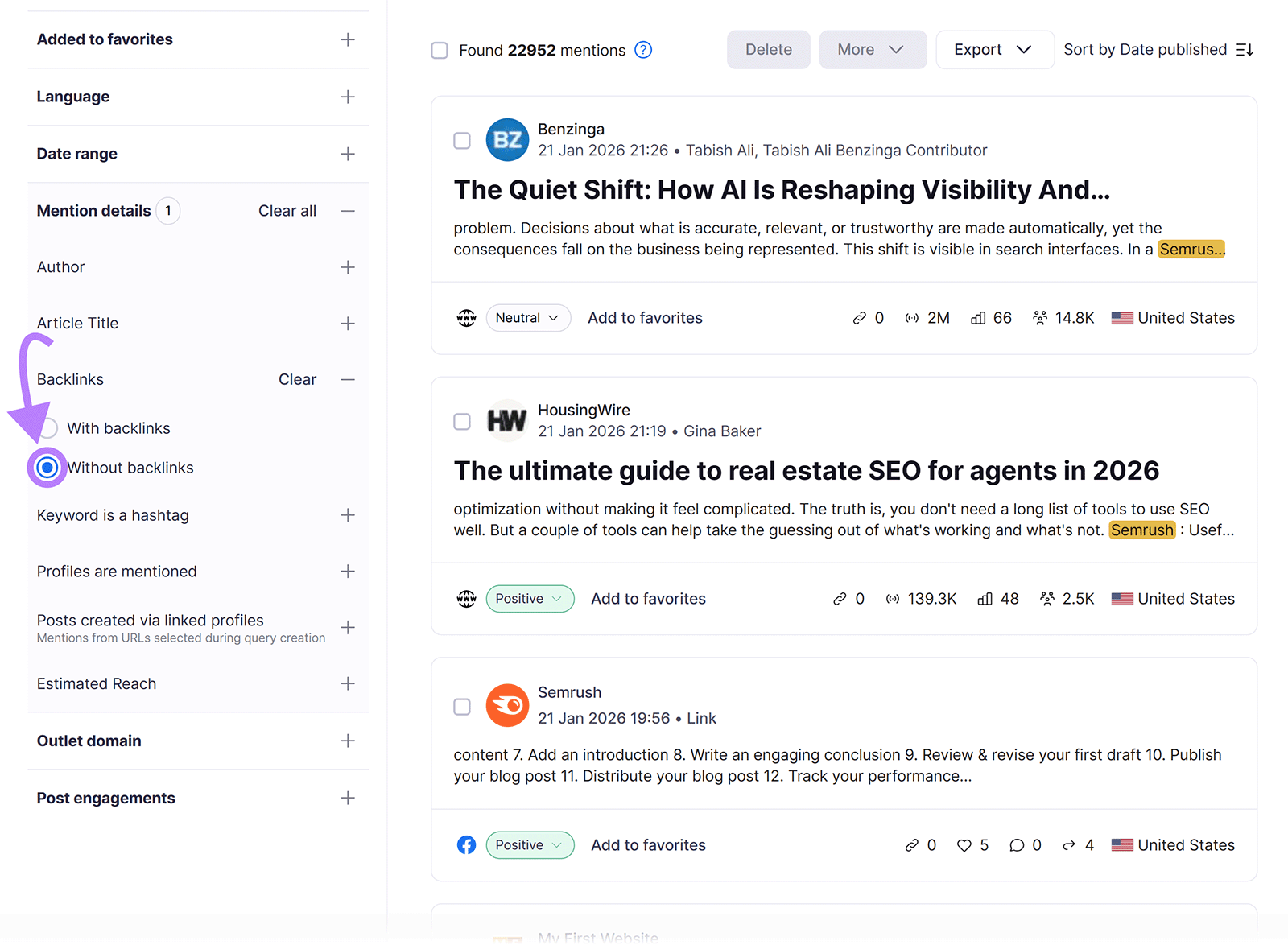 Brand Monitoring mentions list filtered to show mentions without backlinks, with articles and sentiment data.