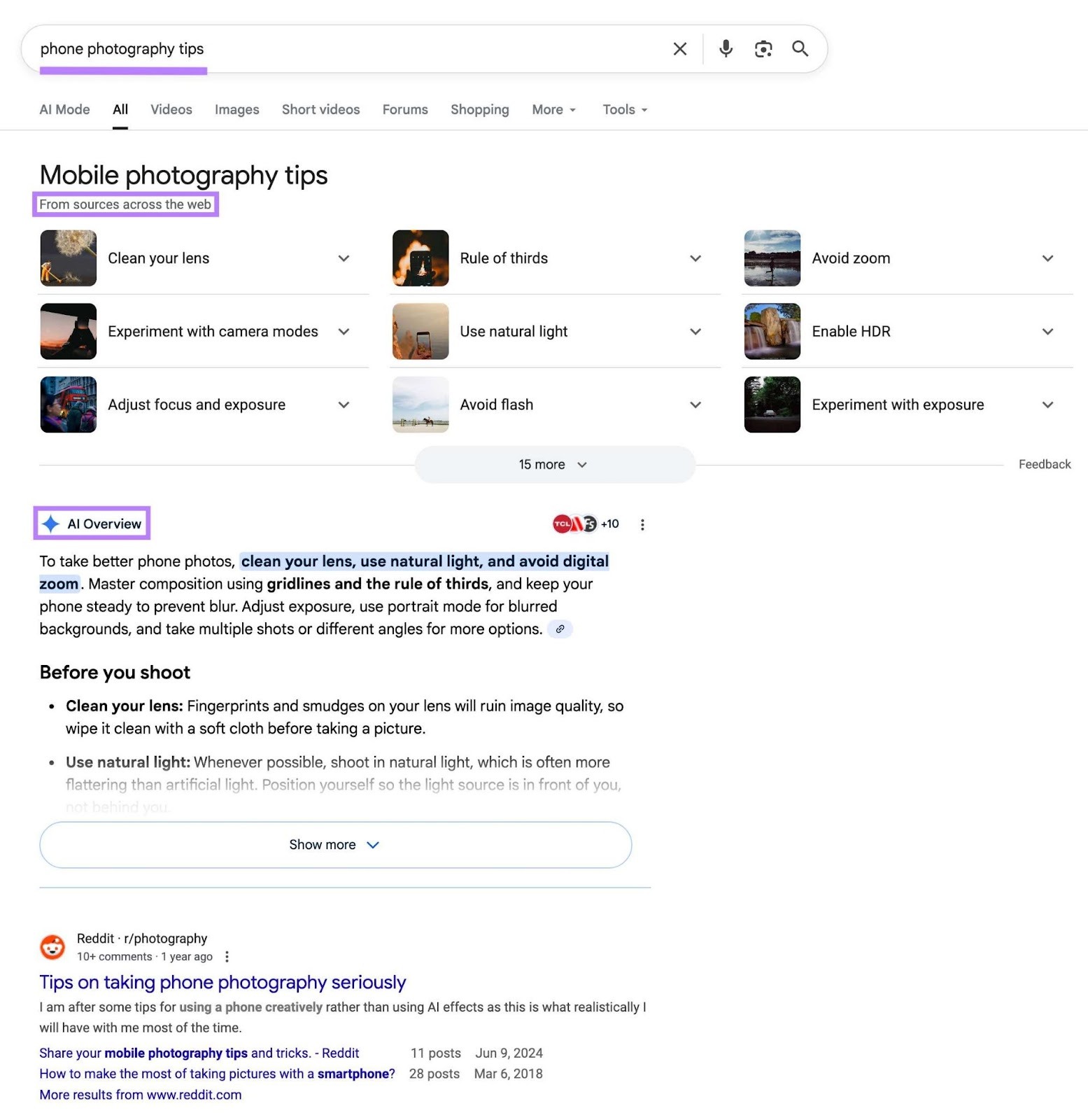 Google SERP for the term "phone photography tips" with the “From sources across the web” feature and an AI Overview appearing at the top.