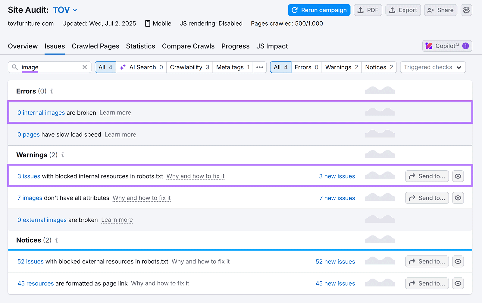 TOV Site Audit highlighting blocked resources and missing image alt attributes