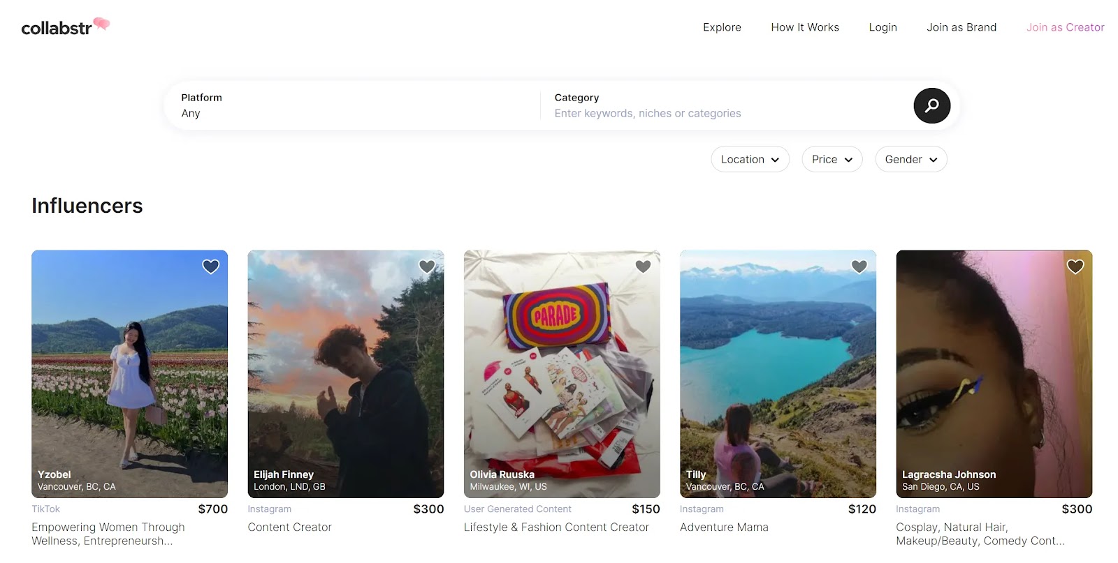 Influencers dashboard in Collabstr