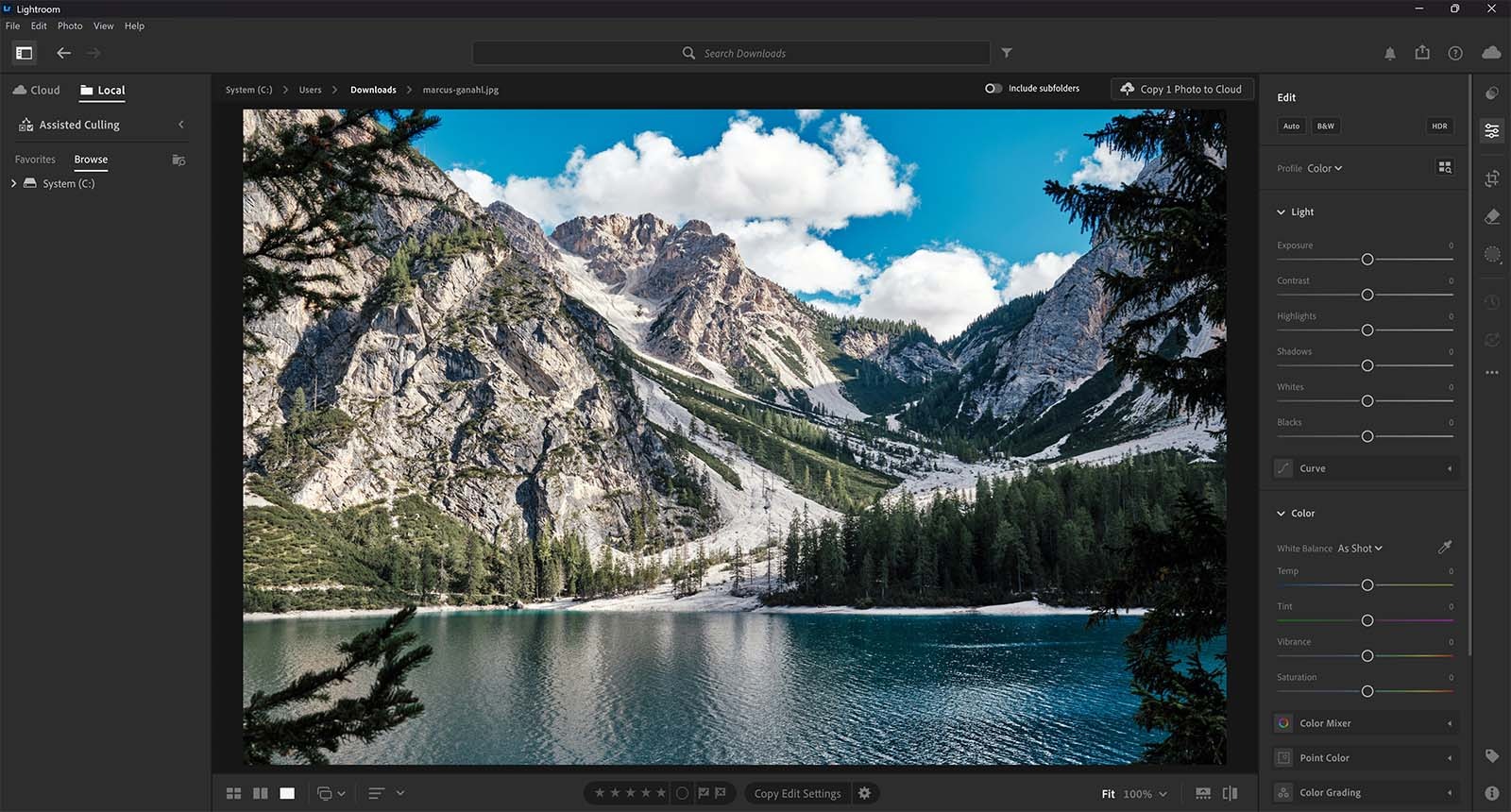 Adobe Lightroom interface showing advanced photo editing controls applied to a landscape image.