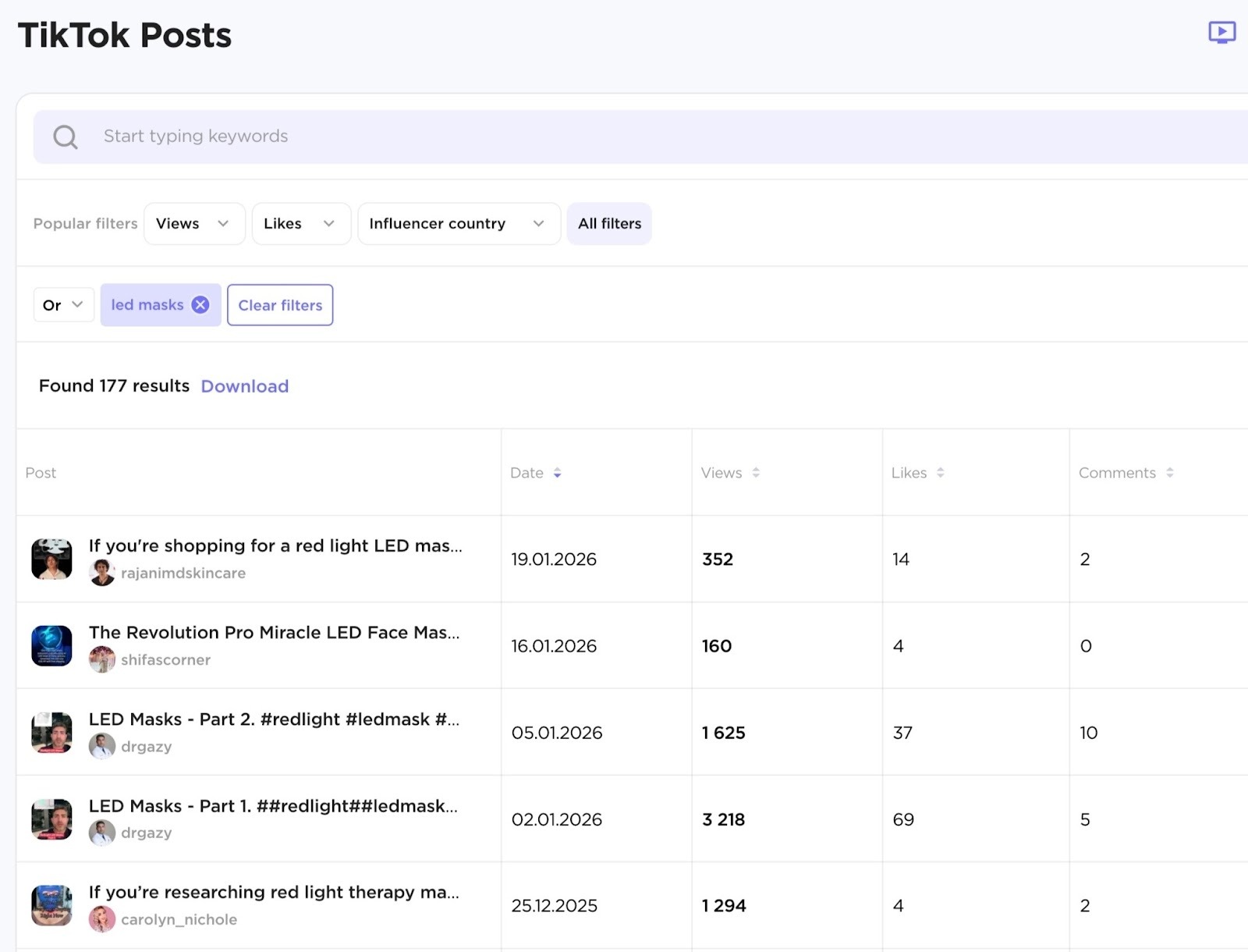 Influencer Analytics showing a list of TikTok posts with the term "led masks" along with engagement metrics.