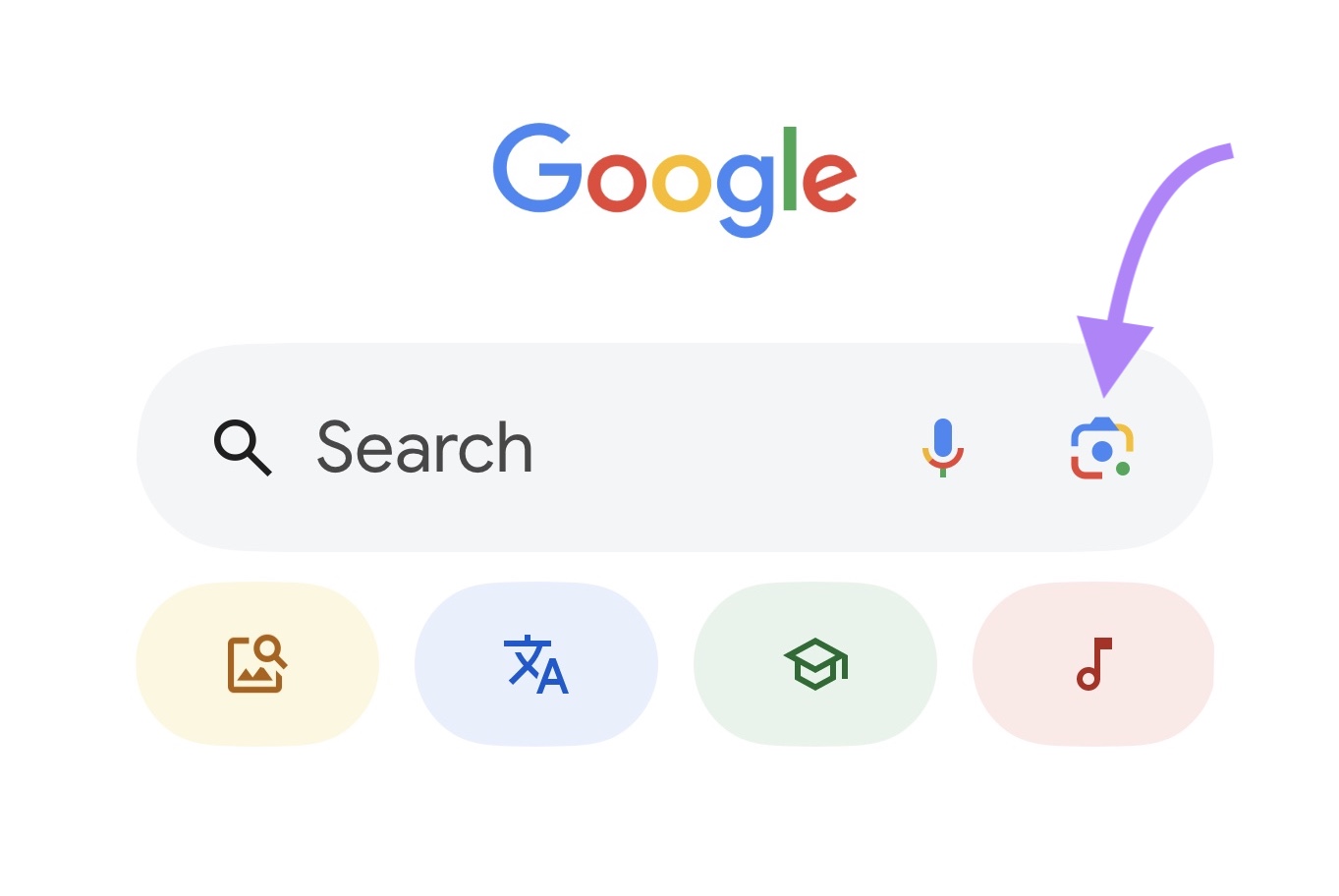 Google search bar with the camera icon on the right highlighted.