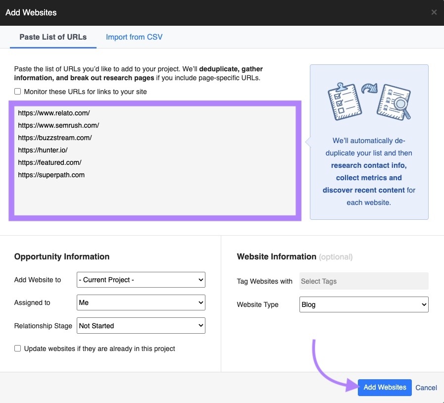 "Add Websites" window on BuzzStream with a list of URLs added and "Add Websites" clicked.