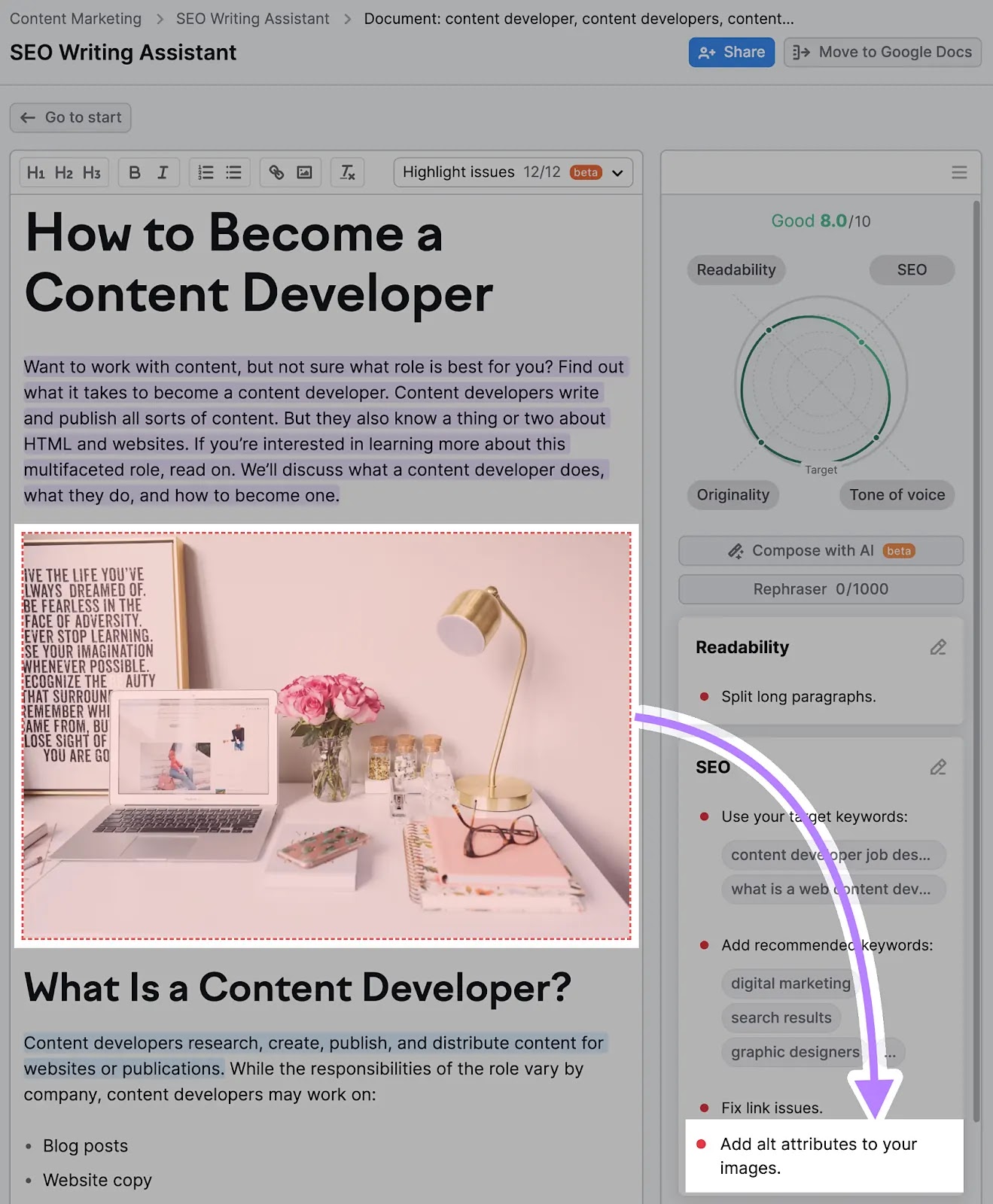 Semrush SEO Writing Assistant tool showing the “Add alt attributes to your images” issue.