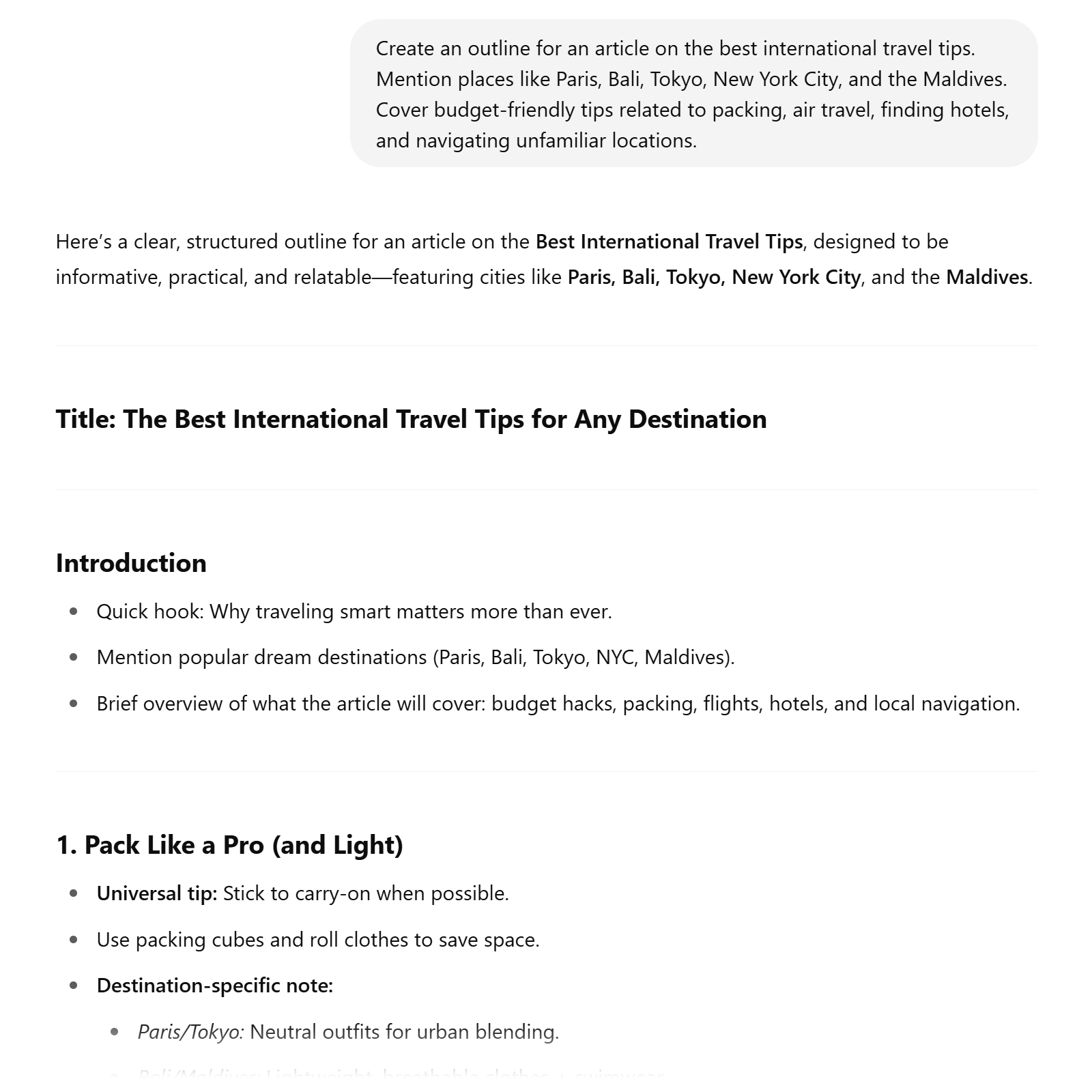 Structured article outline generated by ChatGPT, featuring an introduction and key points to organize ideas clearly for readers