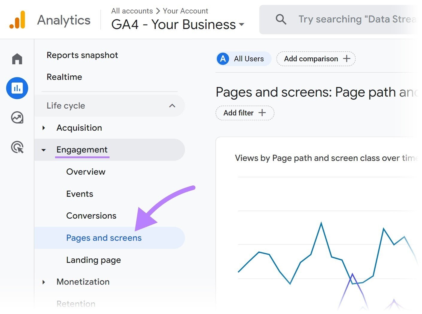 Navigating to “Pages and Screens” button in the menu