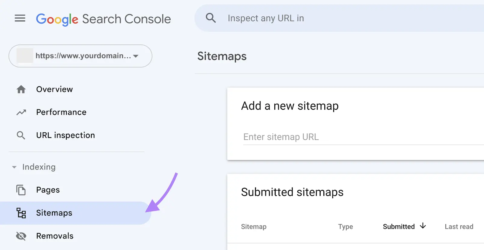Google Search Console dashboard with arrow pointing to Sitemaps menu option.