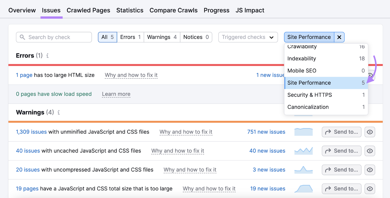Filtering for "Site Performance" category under the "issues" tab in Site Audit tool
