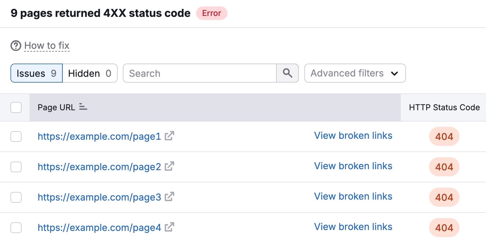 A list of URLs with 4xx status codes displayed inside the Site Audit tool.