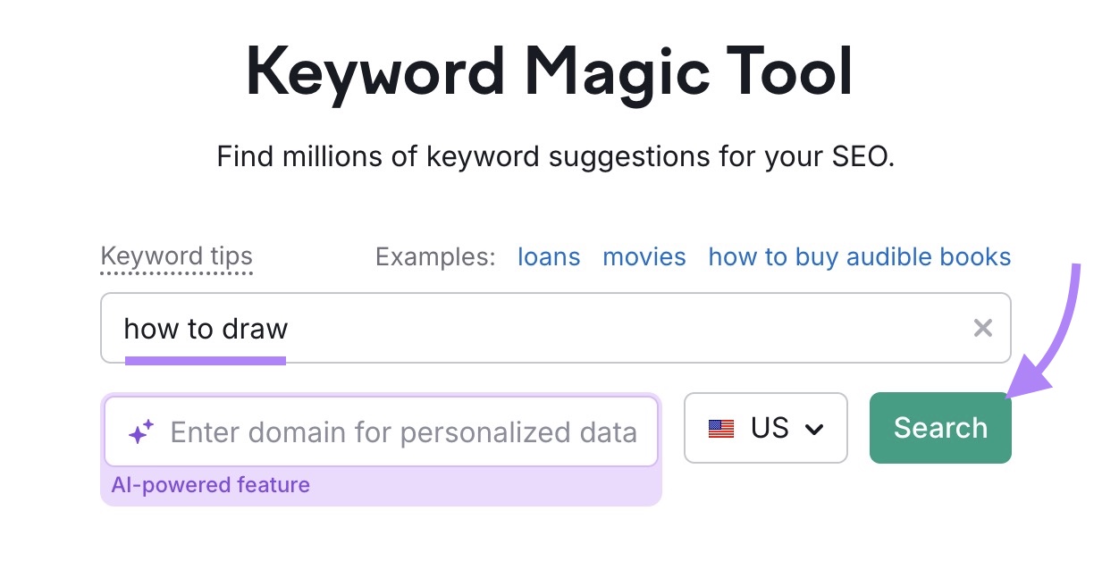 Keyword Magic Tool start with "how to draw" entered and "Search" clicked.
