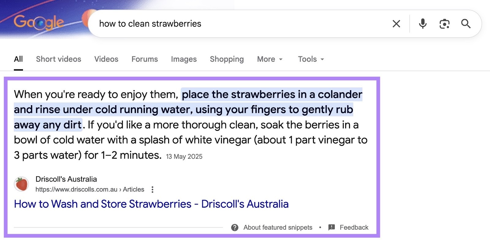 Google SERP for the term"how to clean strawberries" with a featured snippet appearing as the top result.
