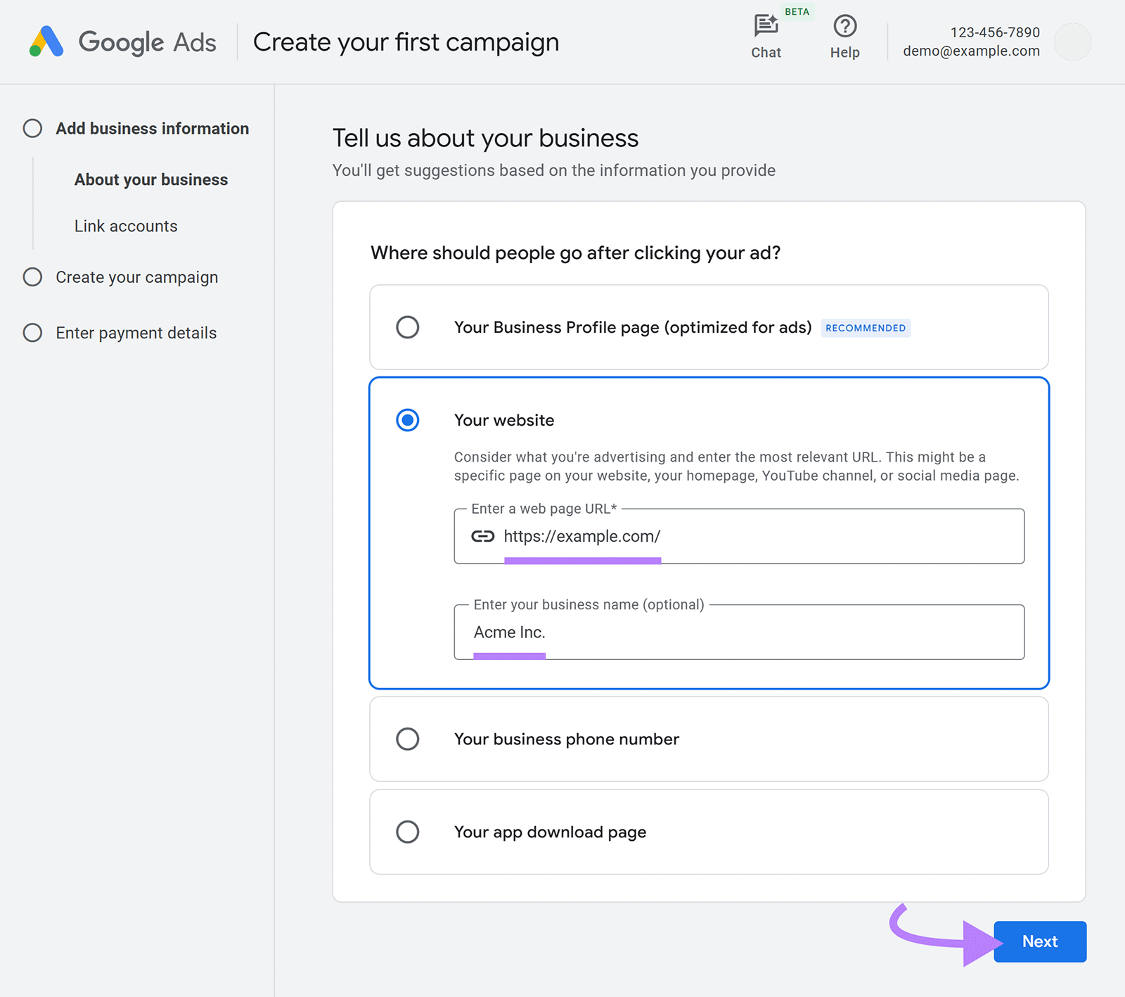 Google Ads account setup with website URL and business name entered, Next button highlighted.