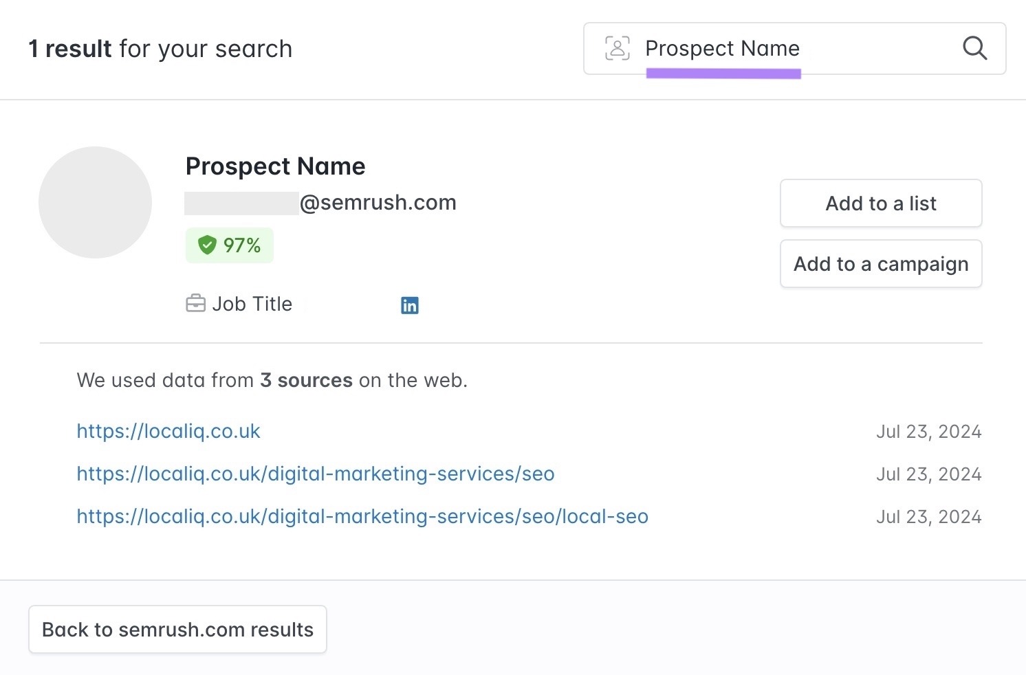 A prospect name entered in the search bar on Hunter showing their email address, position, link to their LinkedIn, etc.