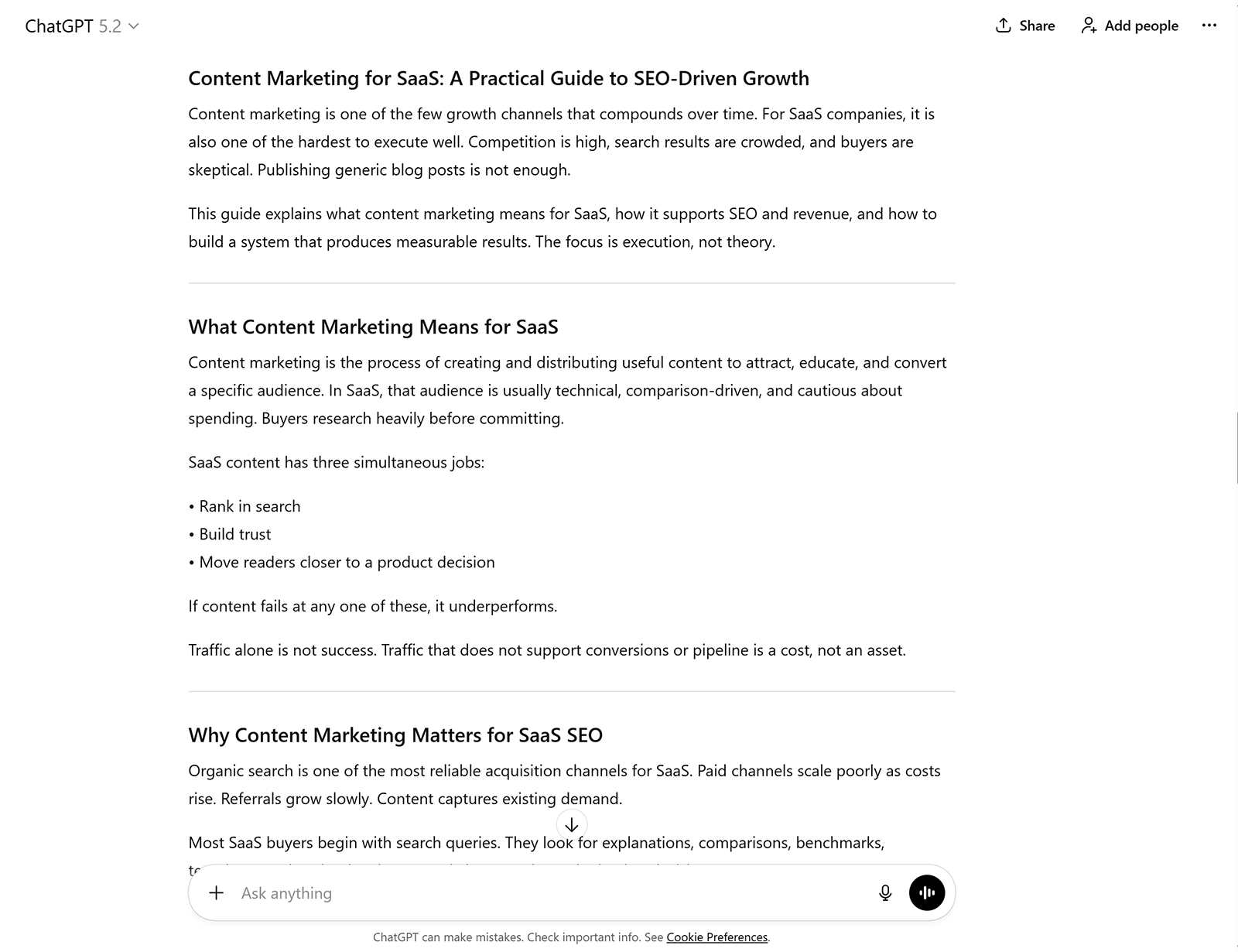 ChatGPT interface displaying a long-form draft article on SaaS content marketing generated from a single prompt.
