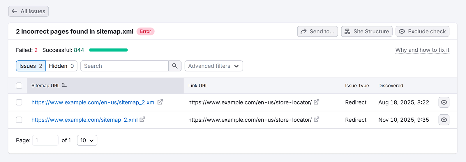 Detailed sitemap error report listing redirected URLs found in sitemap.xml in Semrush.
