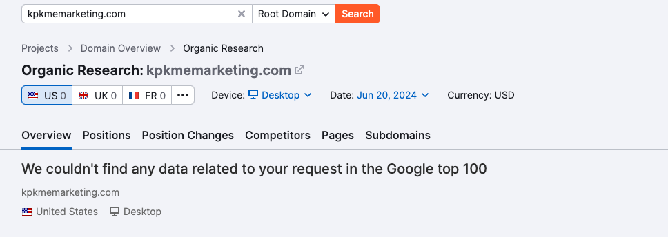 "Overview" tab of the Organic Rankings tool using "kpkmemarketing.com" as an example.