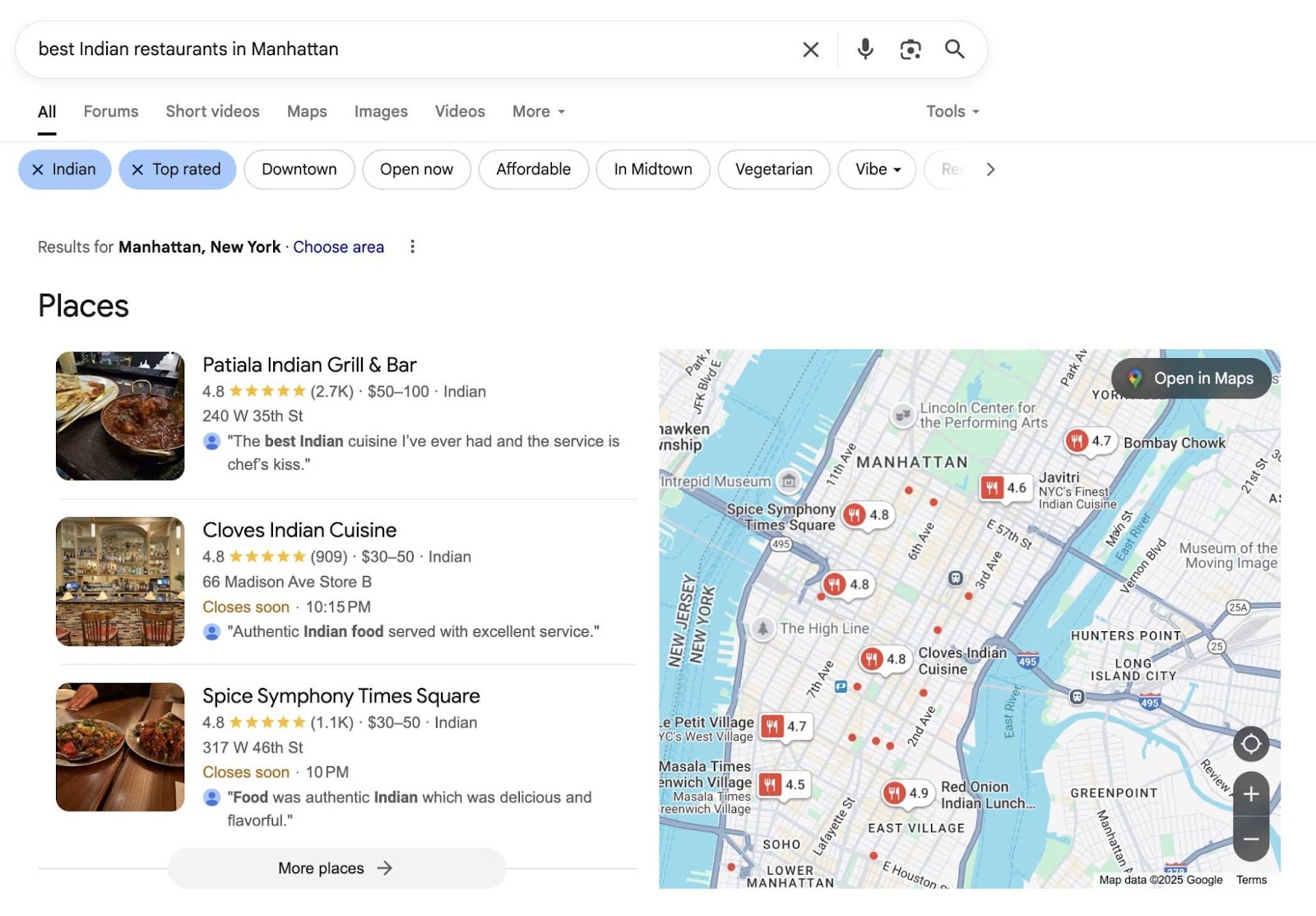 The top three local search results for “best Indian restaurants in Manhattan” on Google.