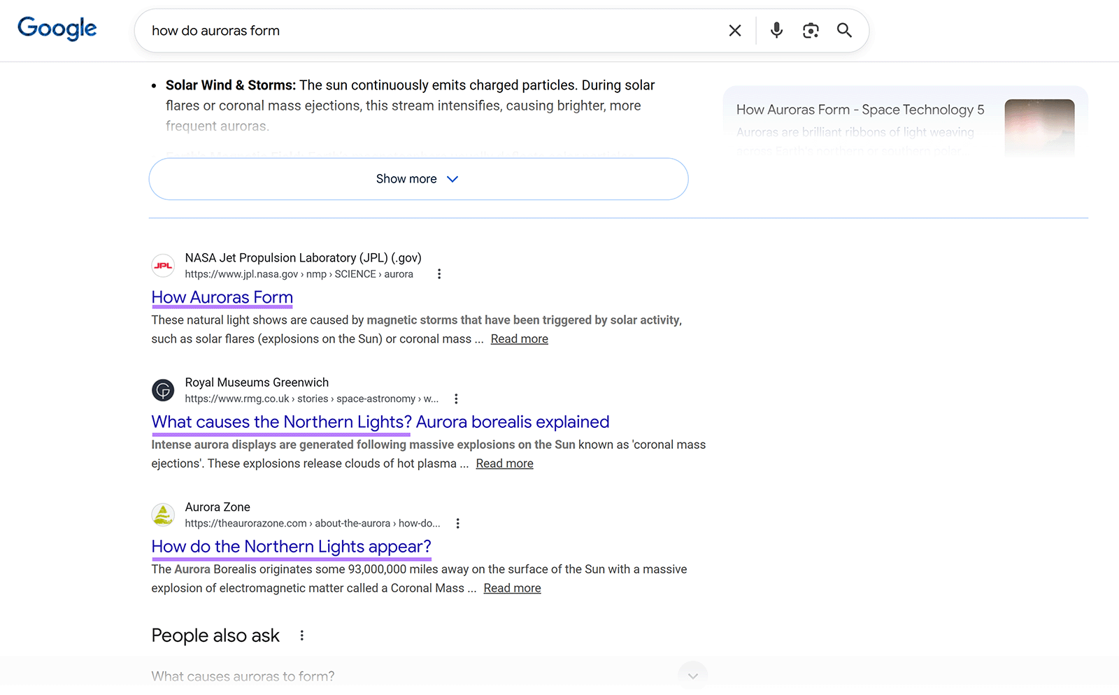 Google search results showing highlighted keywords in titles for top ranking pages.