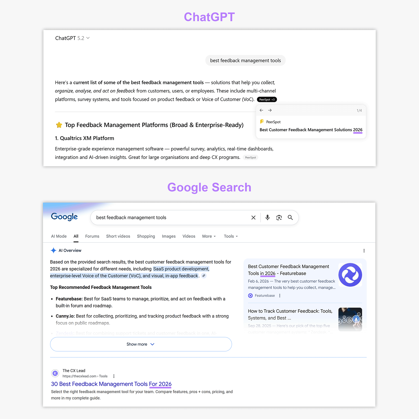 ChatGPT and Google results highlighting year in title tags like 2026.
