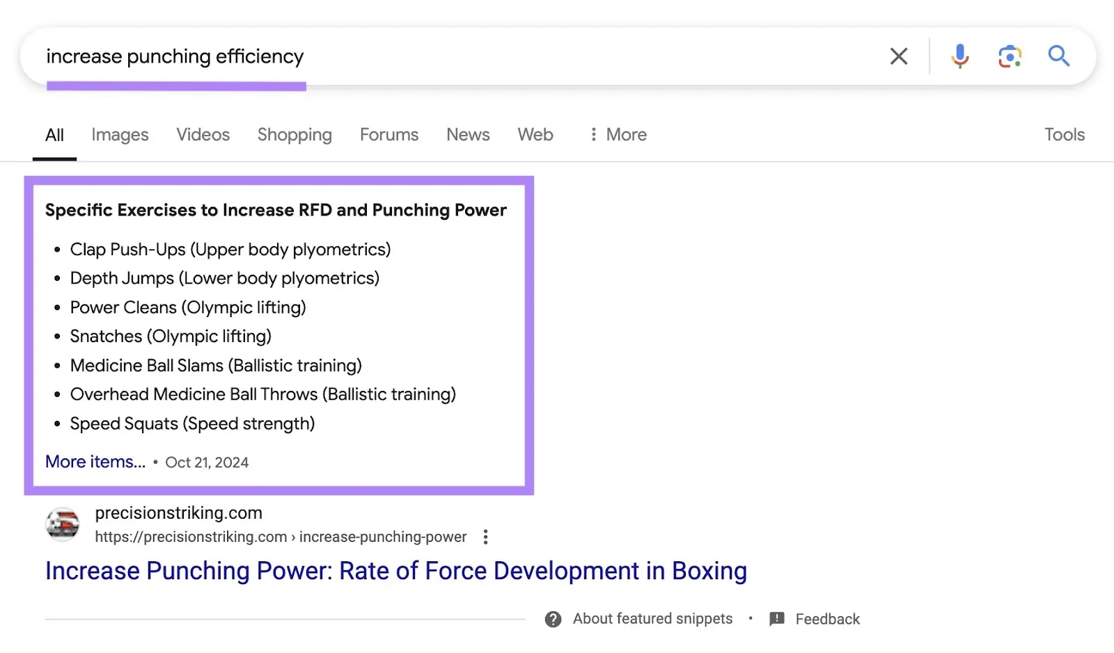 Featured snippet listing specific exercises to increase punching efficiency and power.