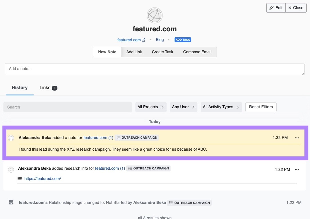Adding a note on a prospect which is visible to the whole team on BuzzStream.