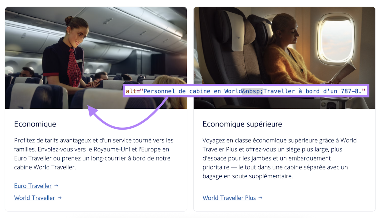 Alt text says, personnel de cabine en World Traveller a bord d'un 787-8.