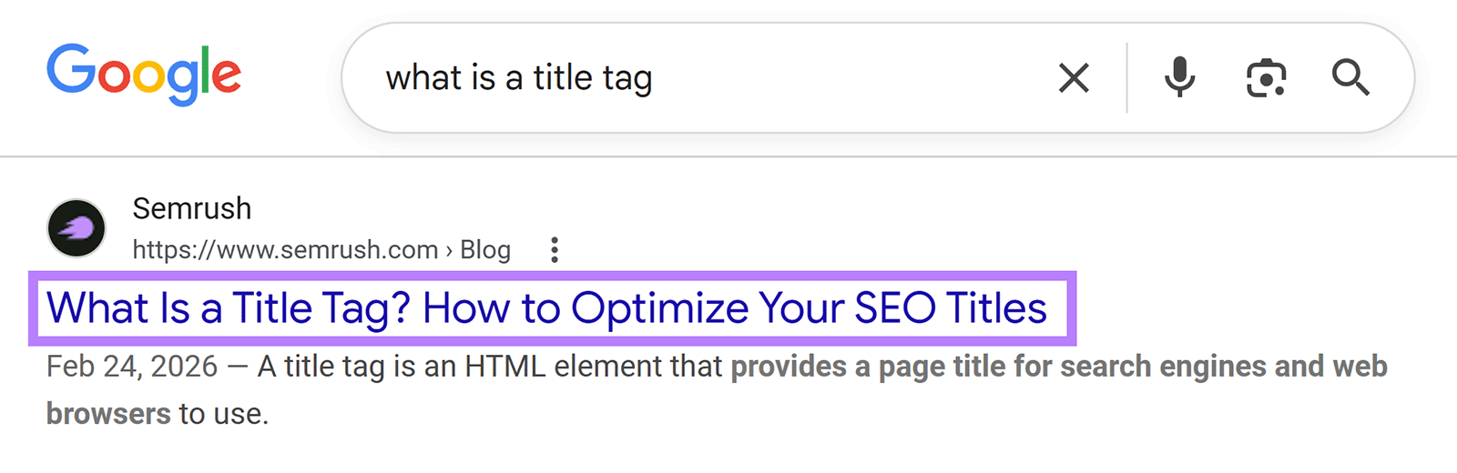 Google SERP showing a title tag example for “What Is a Title Tag? How to Optimize Your SEO Titles.”