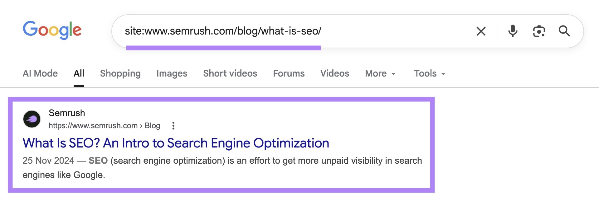 SERP for “site:sr02.toolsprism.com/blog/what-is-seo/” with the top result highlighted.