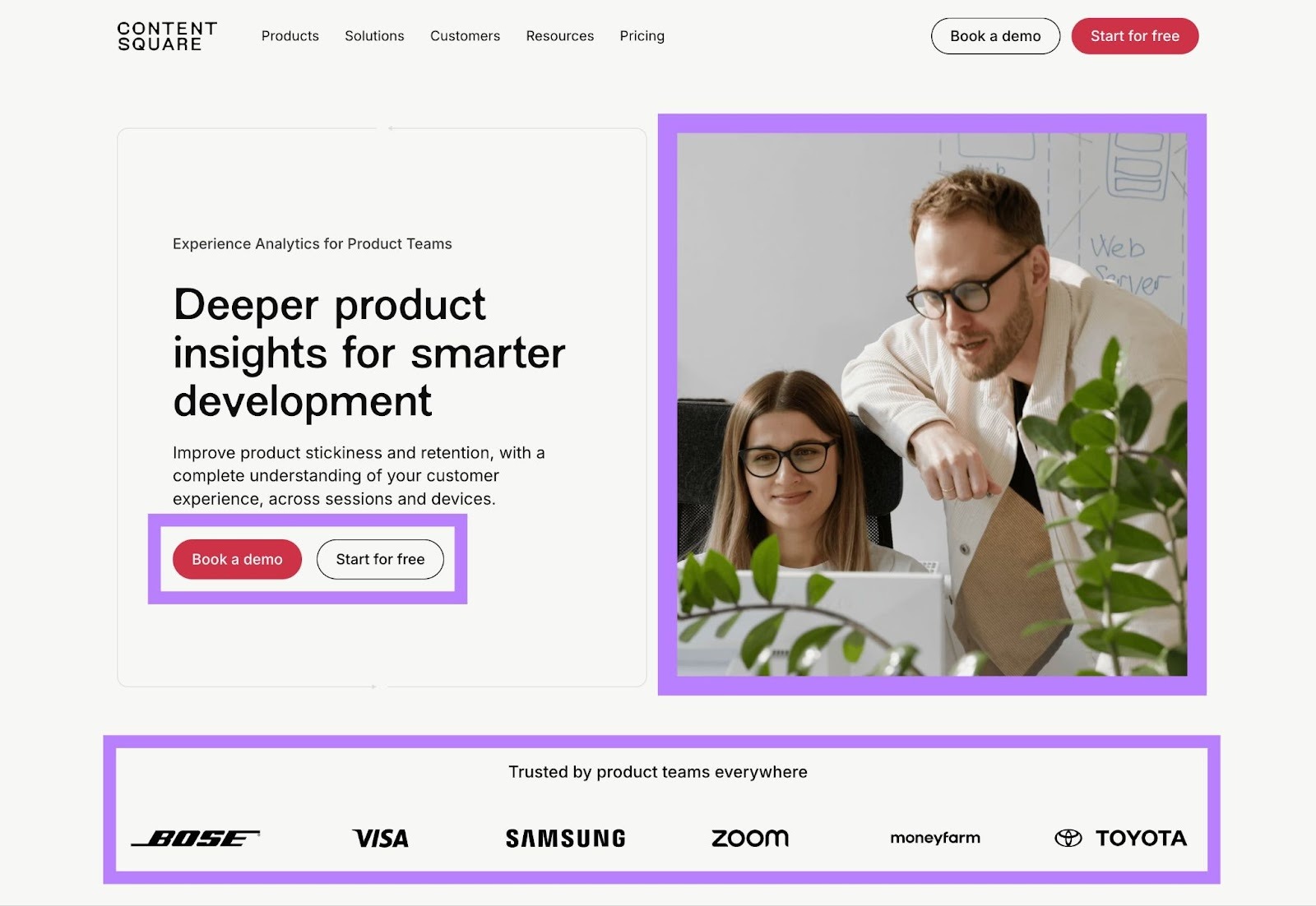 A landing page by Content Square with the hero image, CTAs, and customer logos highlighted.