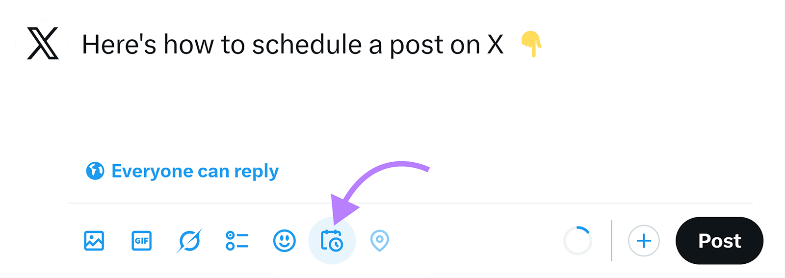 X post composer highlighting the schedule icon used to set a future publish time.